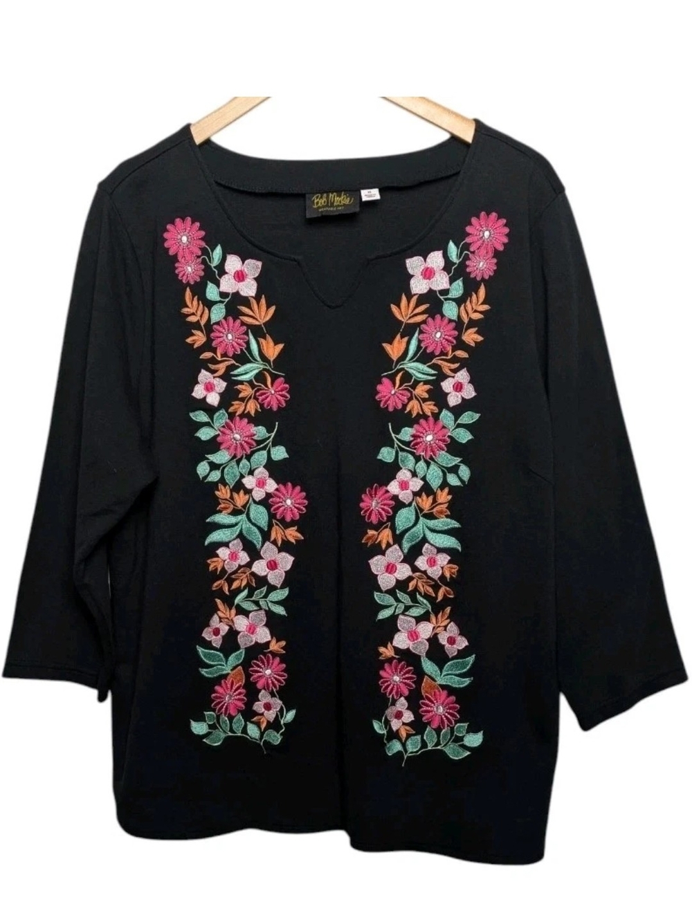Bob Mackie Black Tunic with Pink & Orange Floral Embroidery